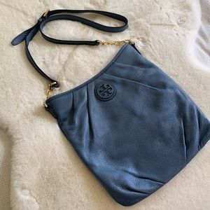 Tory Burch crossbody bag, pebble buttery leather, light blue color.